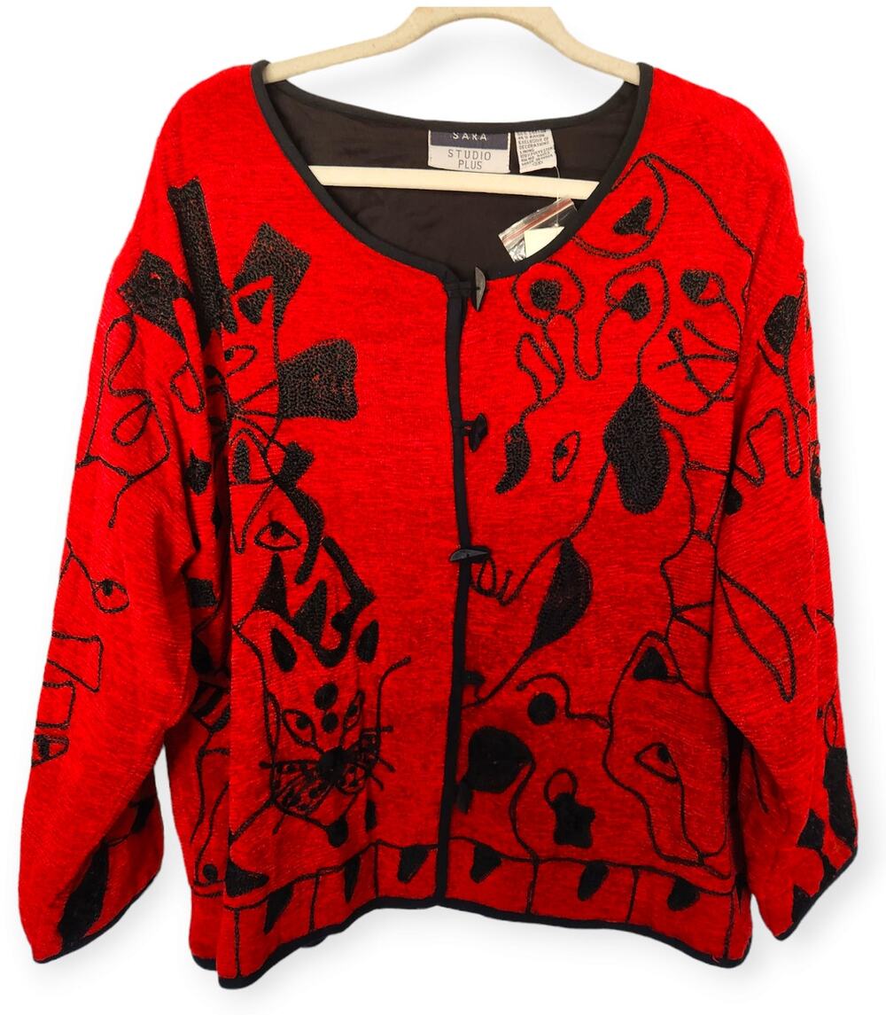 SaraStudio Plus Red Embroidered Abstract Animal JacketVintage NWT 3XL